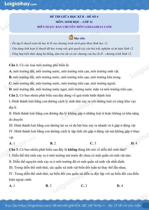 Đề kiểm tra giữa kì 2 Sinh 12 - Đề số 4 có lời giải chi tiết
